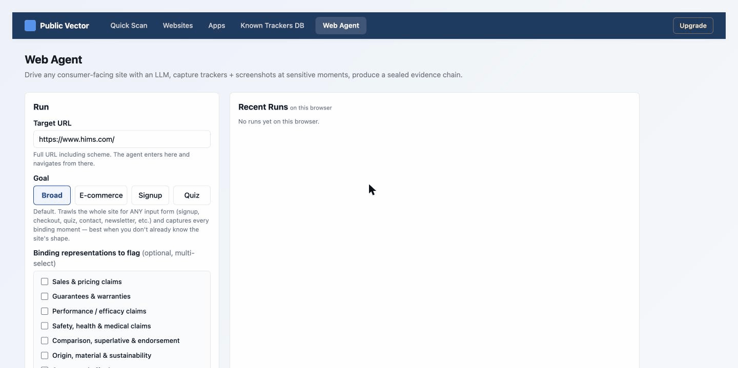 Web Agent walkthrough: point at a domain, select claim buckets, run